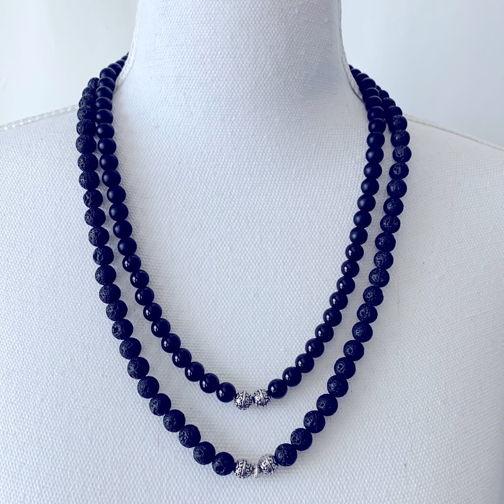 Two-Row Natural Lava Rock  Necklace Handcrafted. Unisex